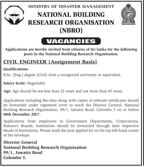 Civil Engineer (Assignment Basis) - National Building Research Organization (NBRO)